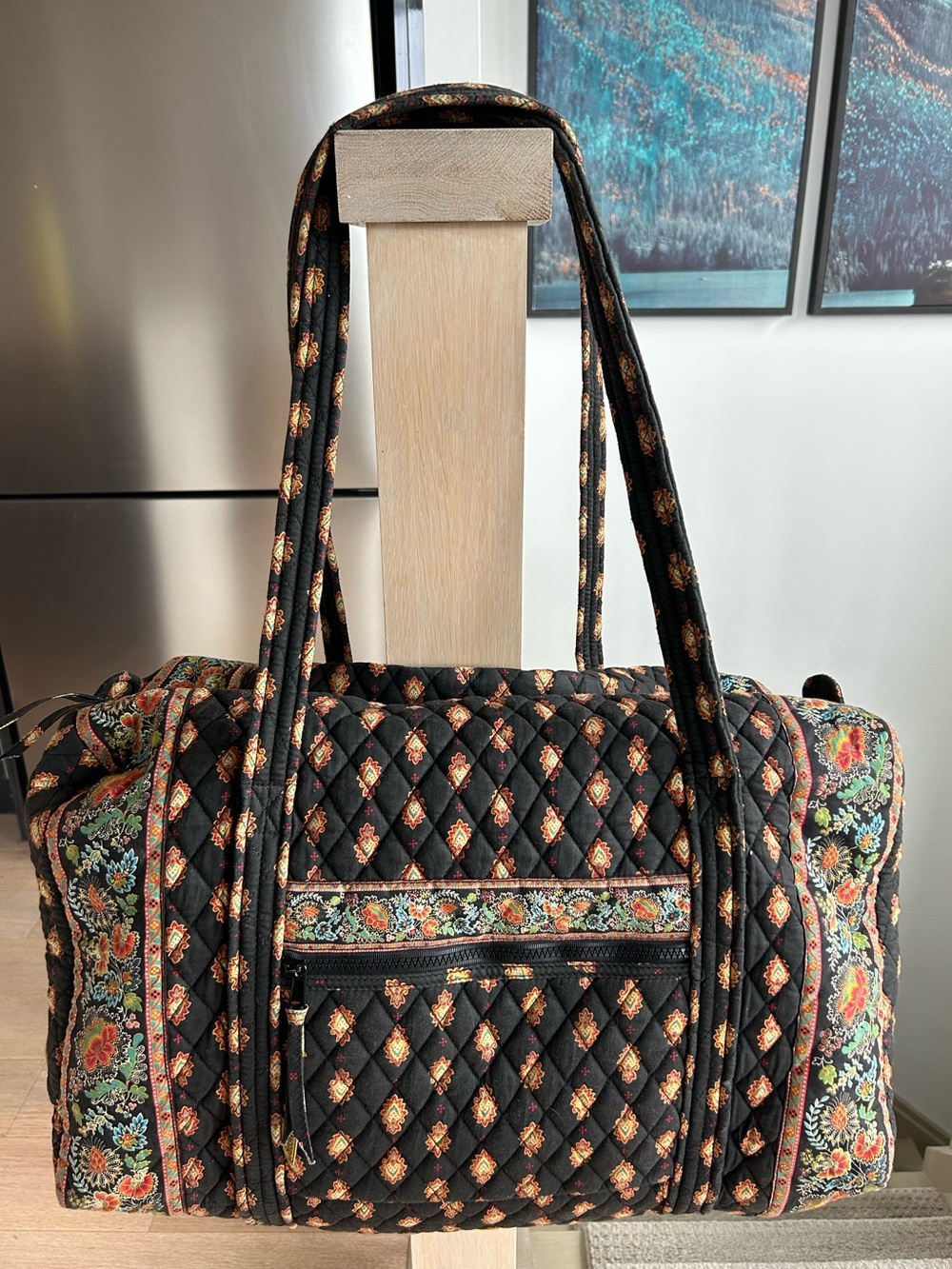 Maggi B Quilted Black Floral Weekender Bag Large , front zip pocket, roomy.